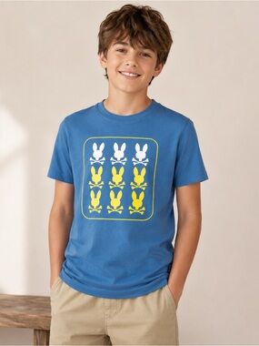 Psycho Bunny Boys Graphic T-Shirt Blue 100% Pima Cotton Youth 7-8 Bunny Logo Tee